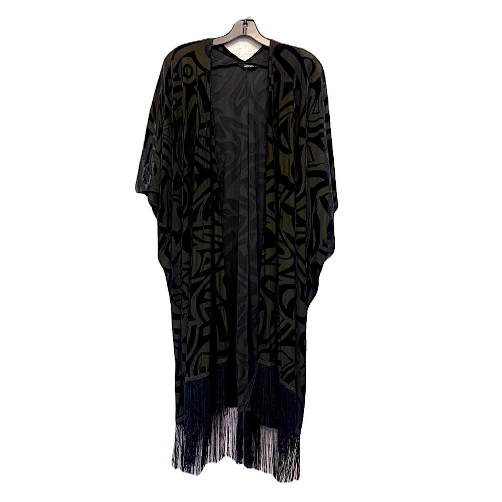 Monki Black Velvet Sheer Burnout Kimono Tassel Jacket